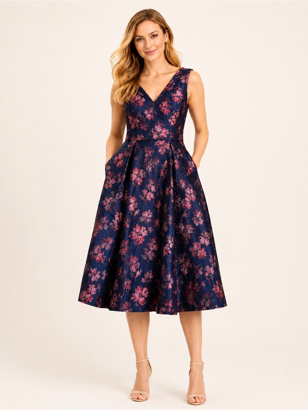 NWT Draper James Floral Jacquard Midi Dress Size 8 Fit Flare Navy Pink Metallic - Picture 1 of 13